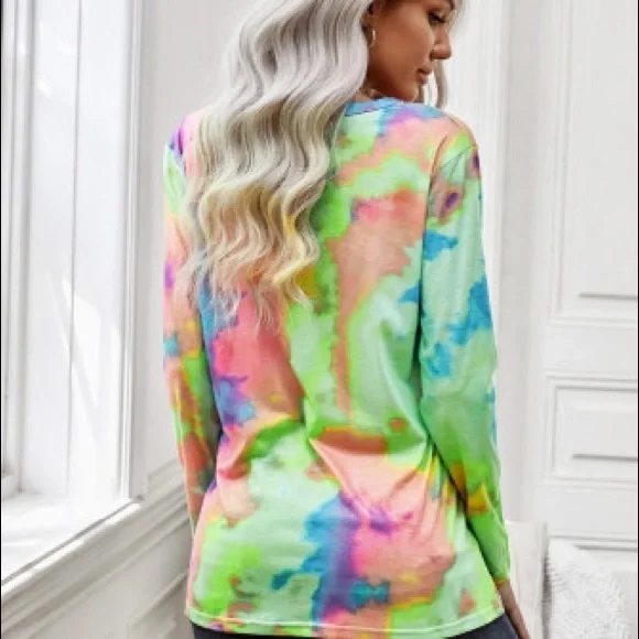 Green Tie Dye V-neck Slouchy Pullover New Boutique - Picture 4 of 5